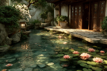 传统中式庭院中的荷花池
