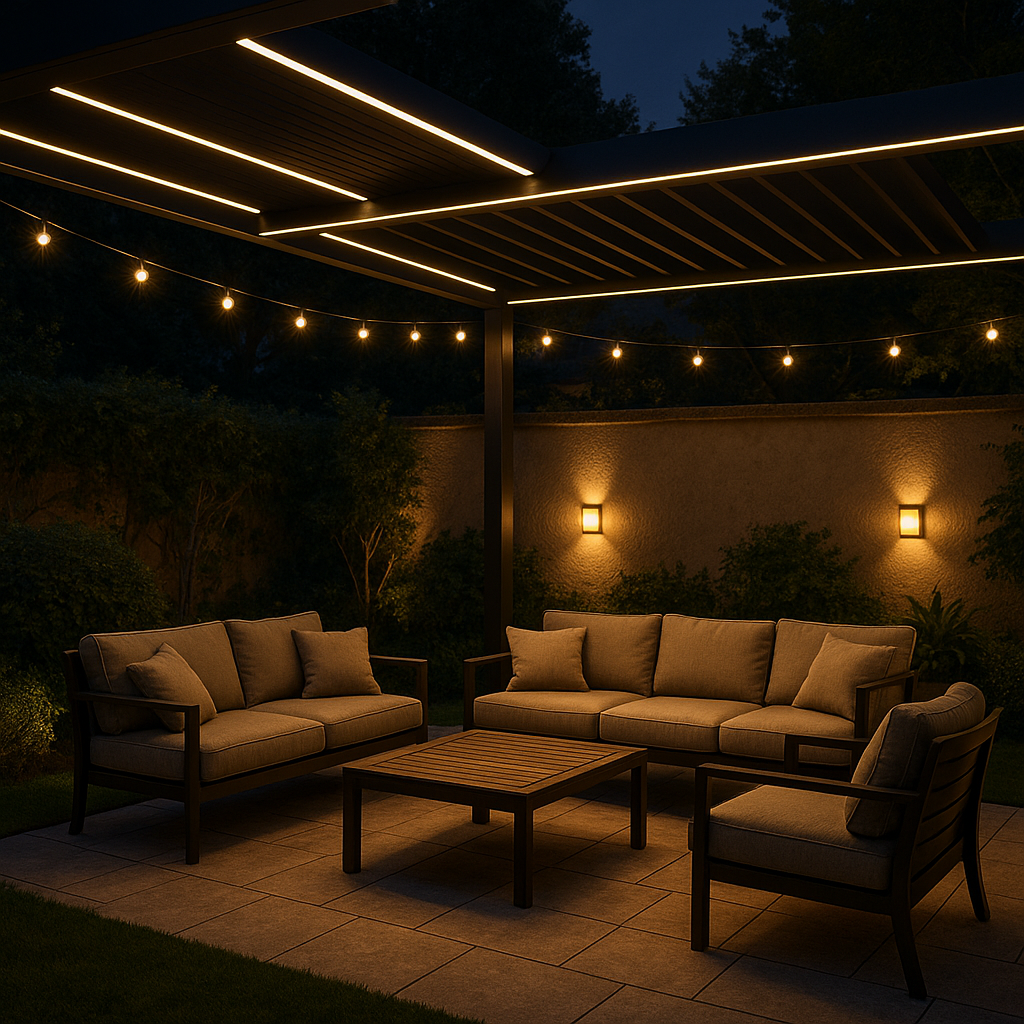 温馨的庭院休闲区夜晚照明