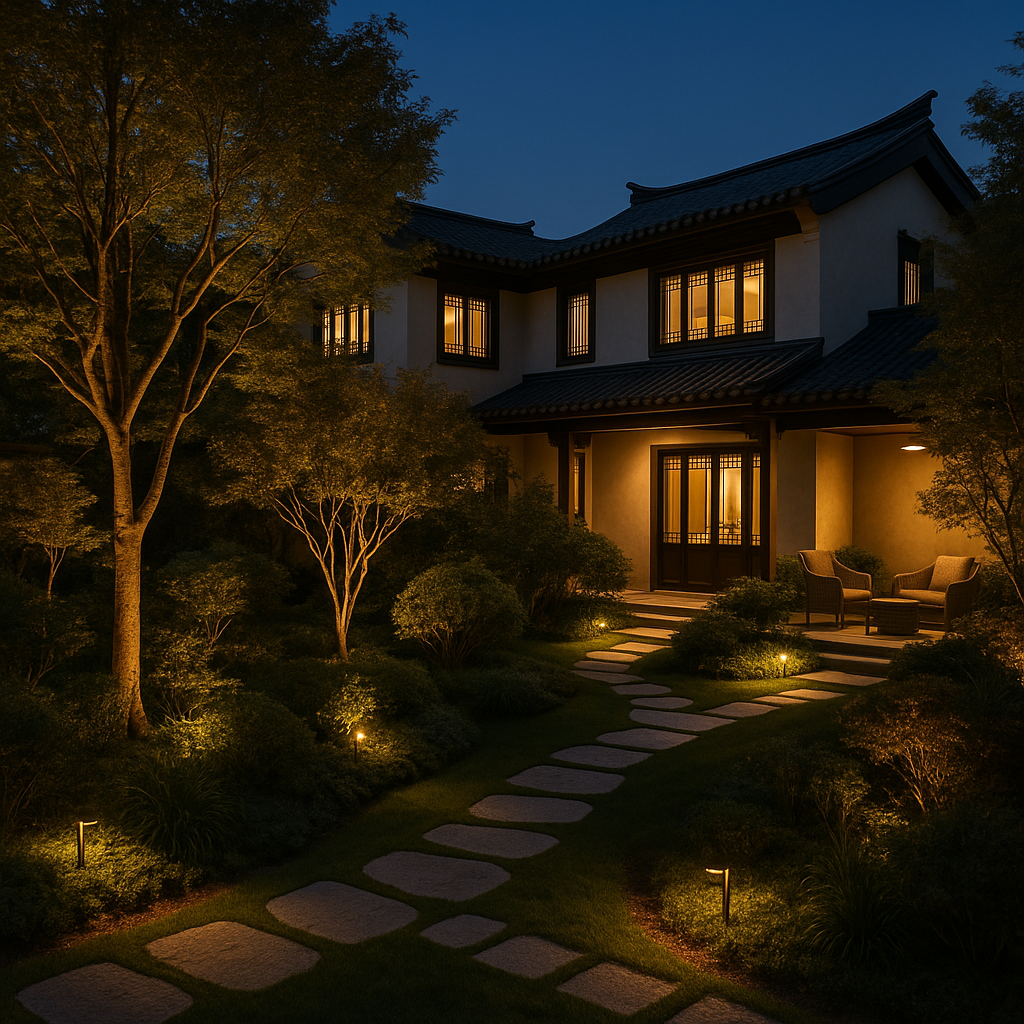 温馨的别墅庭院夜景照明效果图