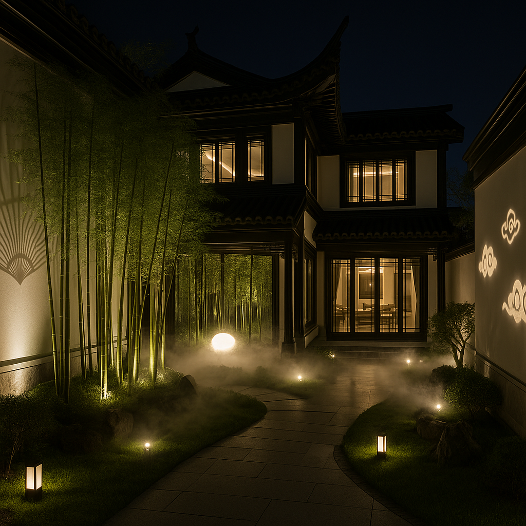 江浙沪地区流行的新中式庭院夜景效果