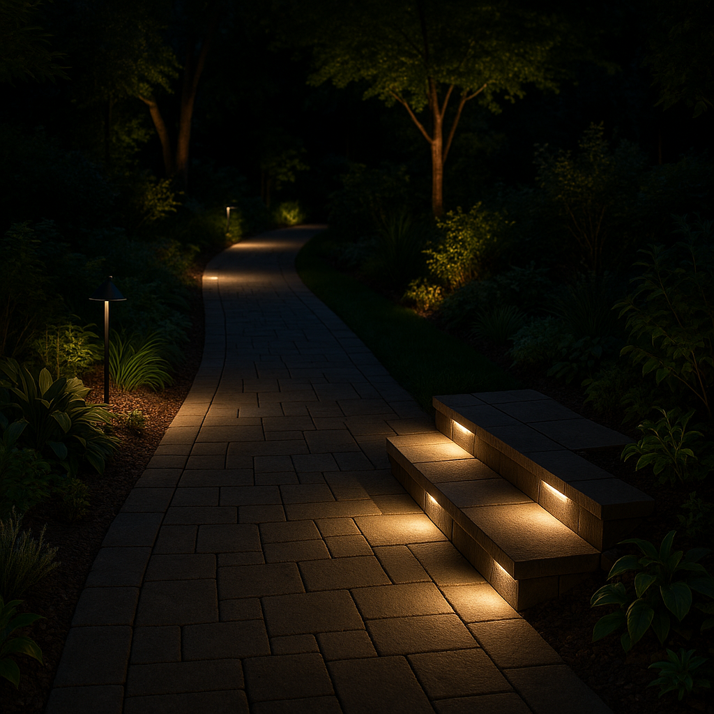 精心设计的庭院小径照明效果